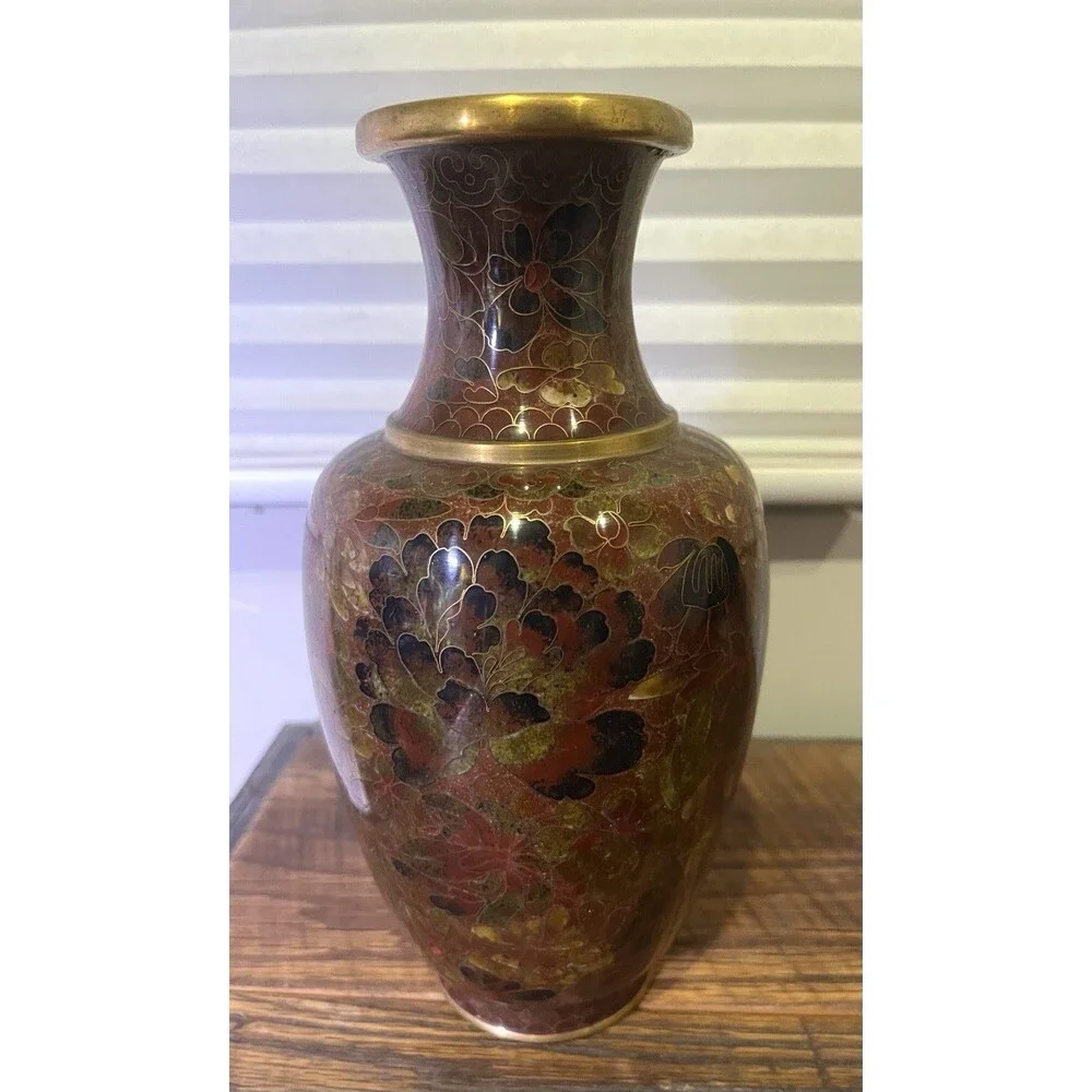 Vintage Chinese Cloissone Enamel And Brass Vase 8.5”